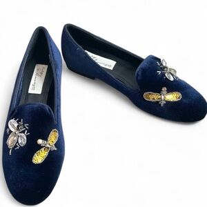Vintage Havana Blue Navy Velvet Loafers Flats Sue New NIB Size 7 Embellished Bee
